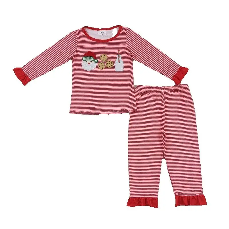 

Boutique wholesale infant girls Christmas pajamas set embroidered milk cookies Christmas infant girls sleepwear clothing