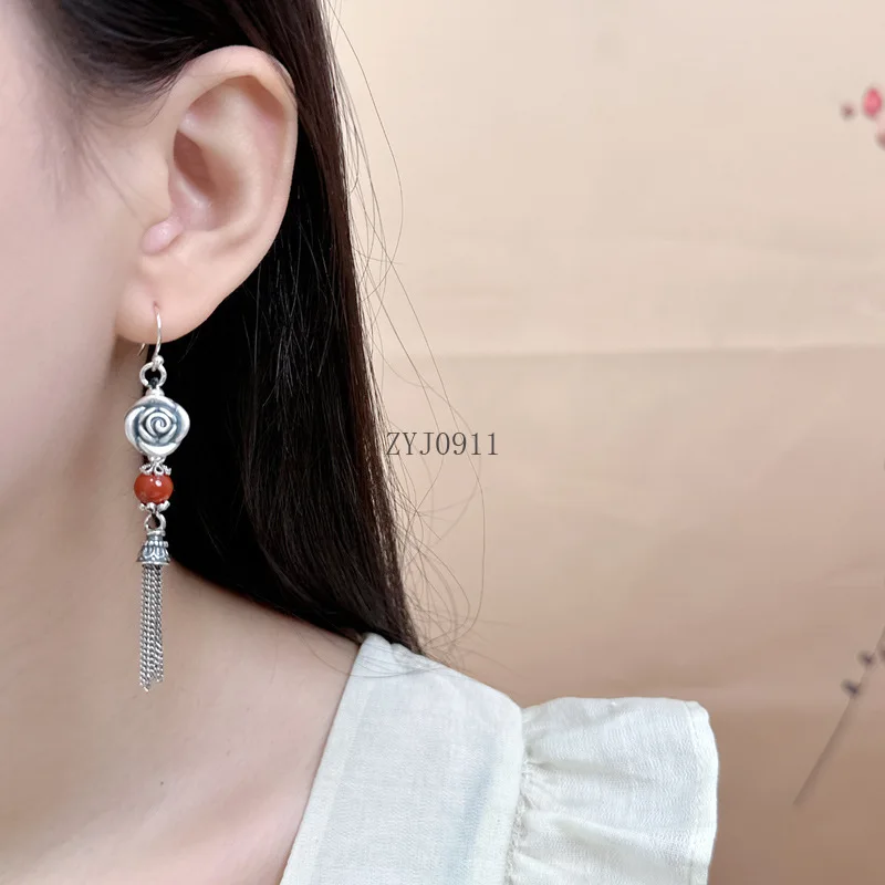 Ohrringe aus 999er Silber mit roten Achatperlen und Rosenquasten für Damen, Vintage-Stil, ethnische dreidimensionale Blume, lange Ohrringe, Schmuck