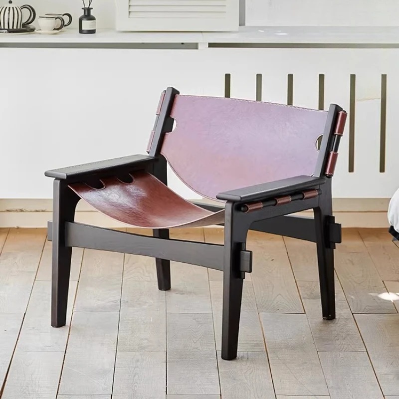 

Medieval wabi-sabi style leather solid wood leisure chair retro designer homestay balcony single high-end creative chair