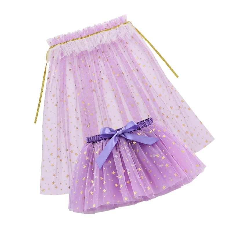 Elastic Waist Tulle Skirt with Matching Star Decor Cloak for Birthday Parties W3JF