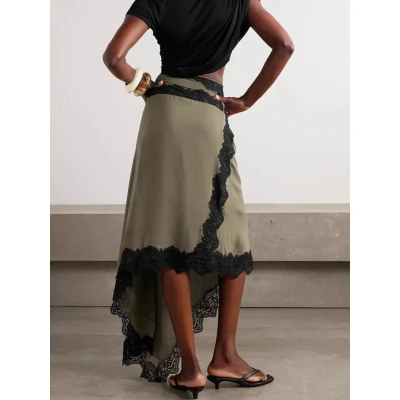 Womens Lace Patchwork Irregular Satin Skirt Elegant Vintage Color Block A-line Long Skirt Fashion Bohemia Party Vacation Skirts