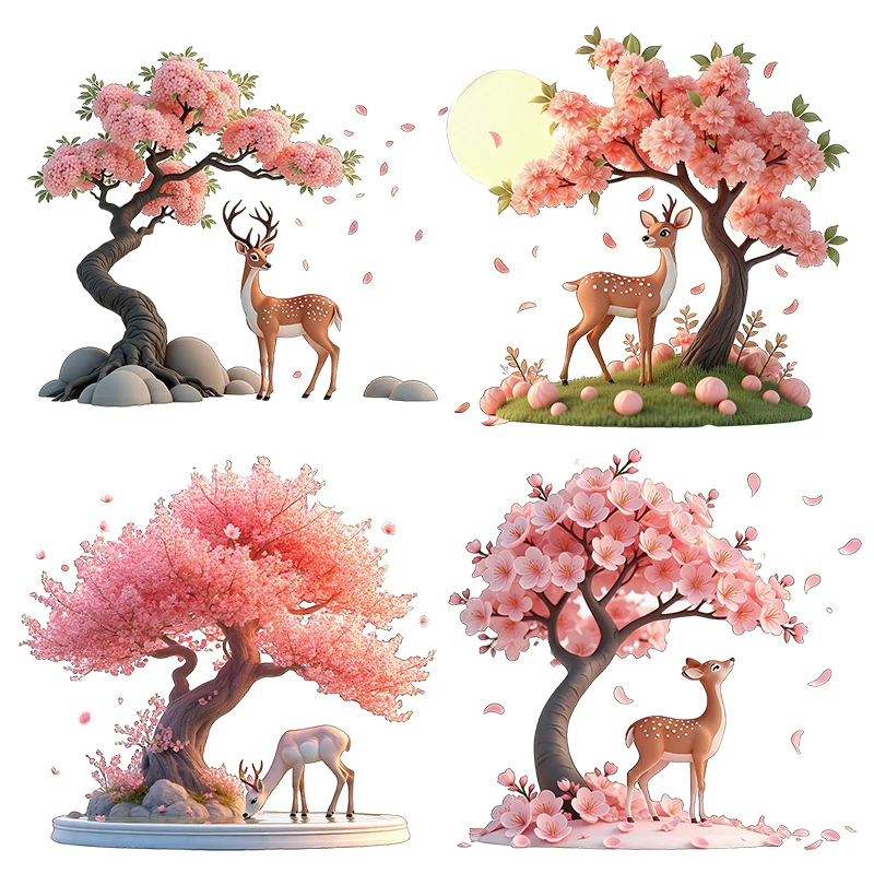 Three Ratels CG104 deer under pink cherry blossom tree Art stickers for home decoration