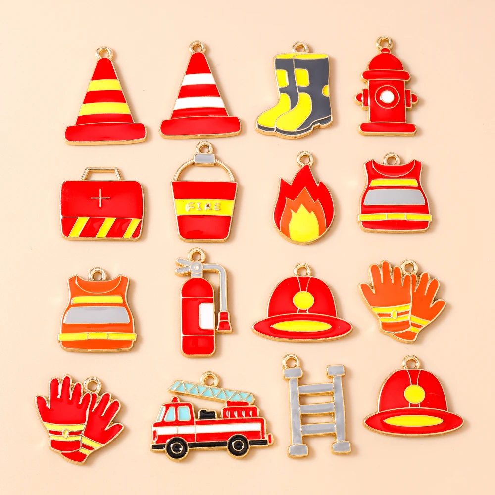 Leslie 10pcs Firefighting Charm Fire Hydrant Truck Helmet Boots Pendant for Jewelry Making Diy Necklace Earring Accessories