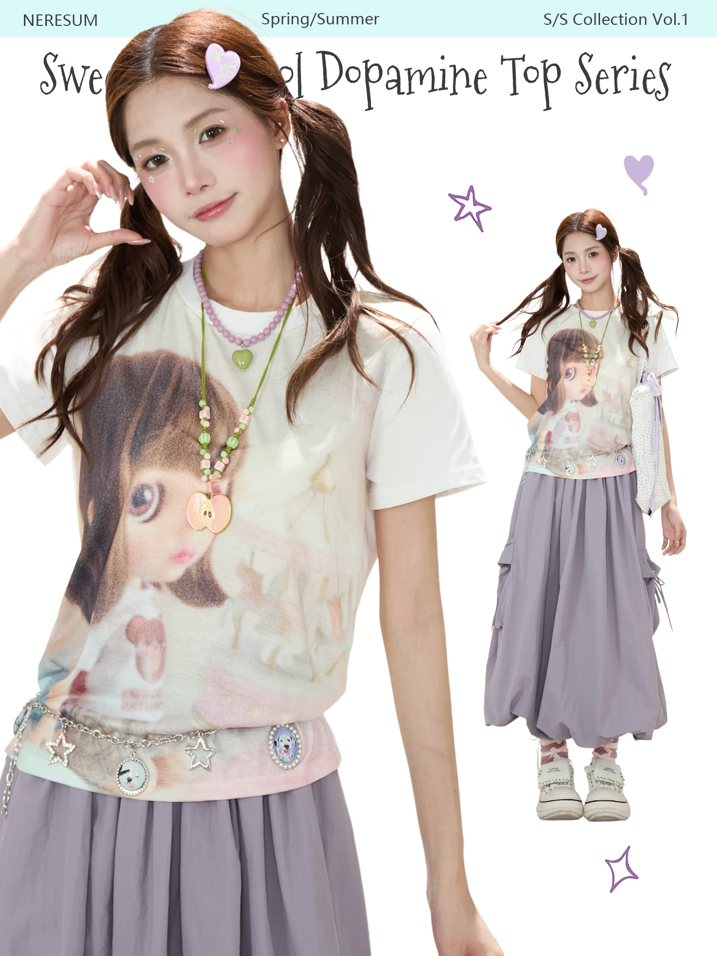 NERESUM Dreamy Soft Focus Doll Print Short Sleeve T-Shirt Women's Millennial Subculture Vintage Loose Top Cotton Casual Wear