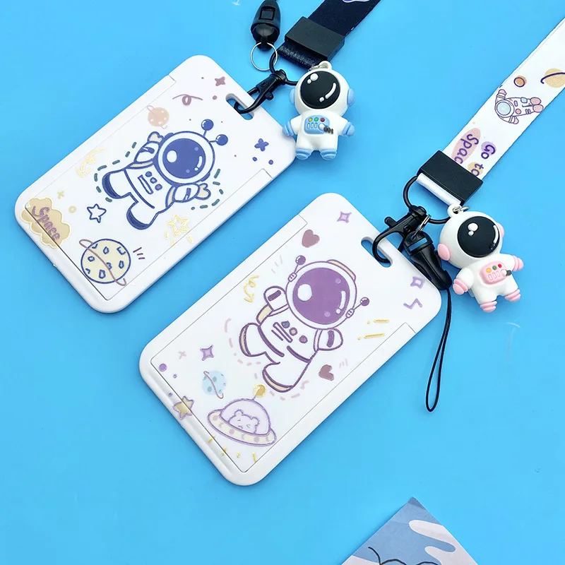 Women Men Work Card Cover White Astronaut Pattern Business Name Card Badge Holder Bus Access Guard Credit Card Case with Lanyard