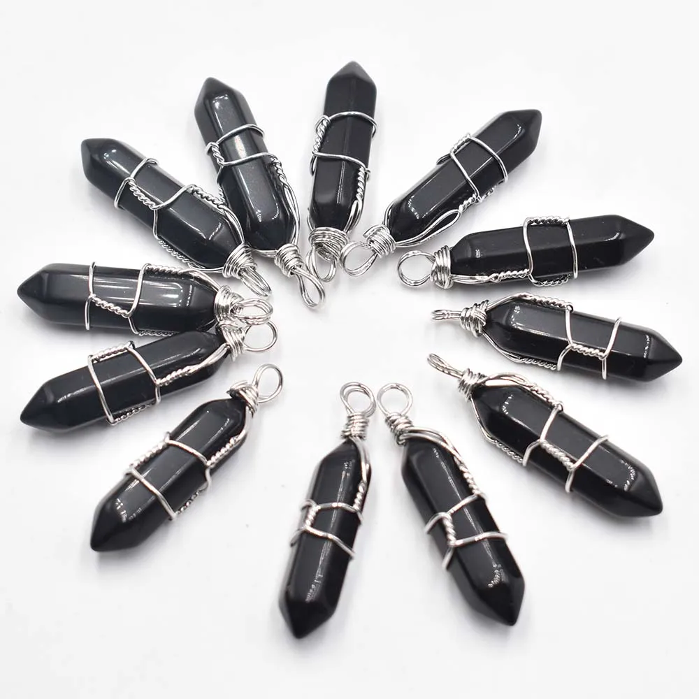 Wholesale 12pcs/lot natural tiger eye stone amethysts pillar shape point handmade iron wire pendants for jewelry making free