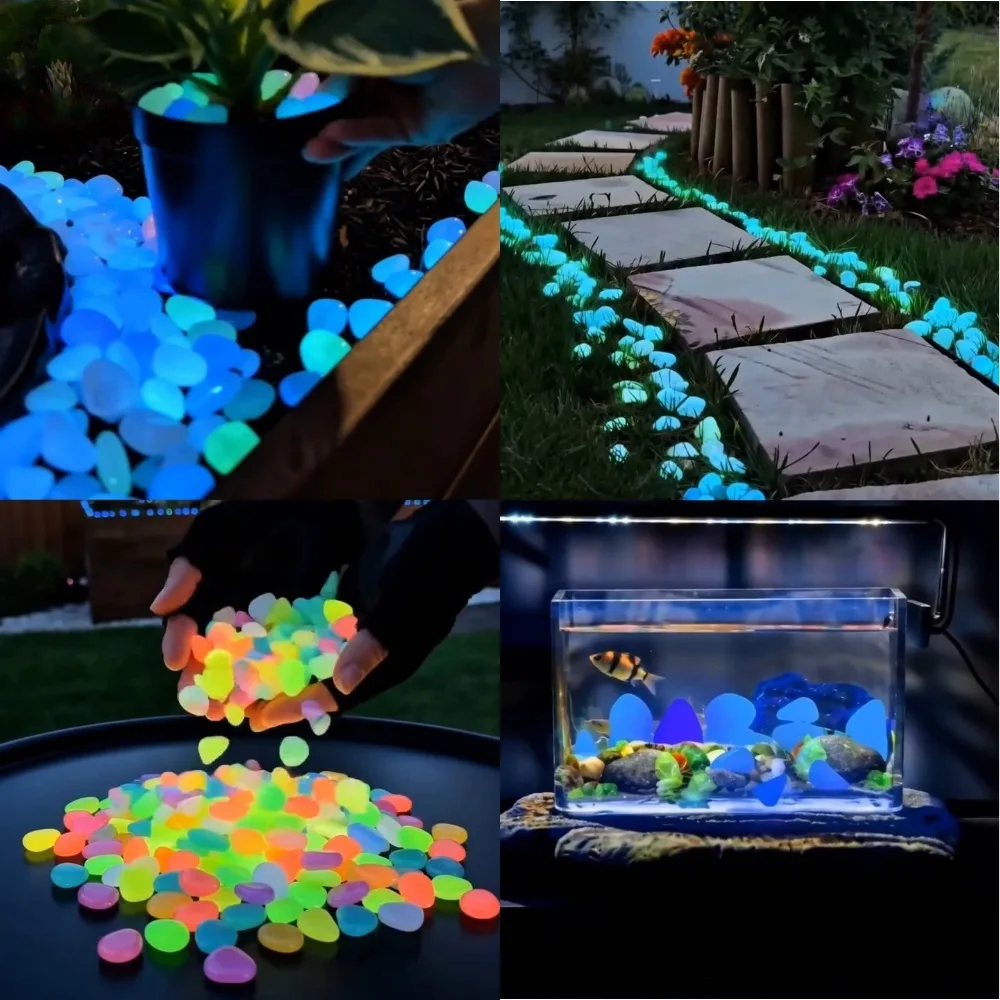 Galets lumineux colorés qui brillent dans le noir, pierres de jardin pour allées extérieures, aquarium, décoration de plantes en pot