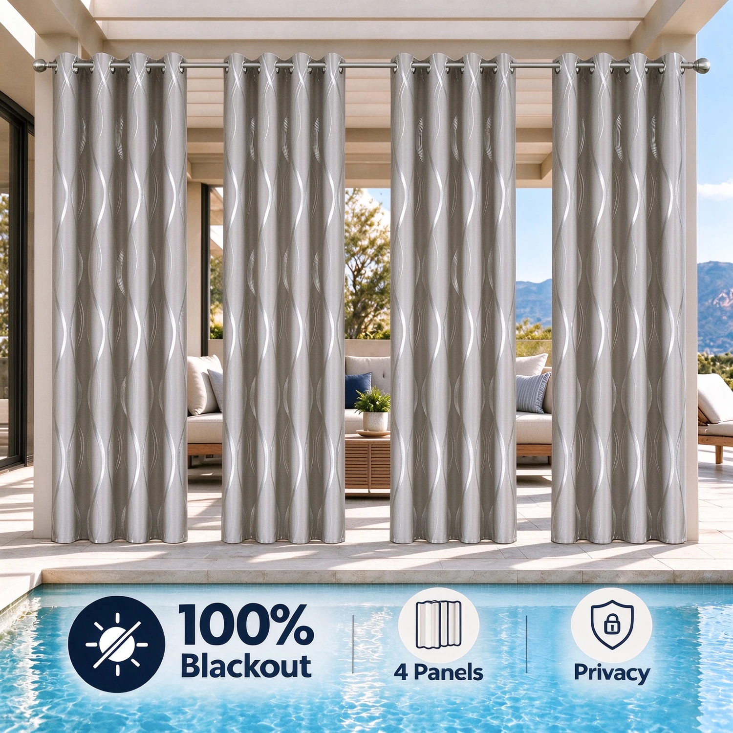 Blackout Curtain 4 Panels Wave Silver Foil Print Grommet Curtain 100% Polyester Water Repellent Privacy Drapes For Patio Bedroom Living Room