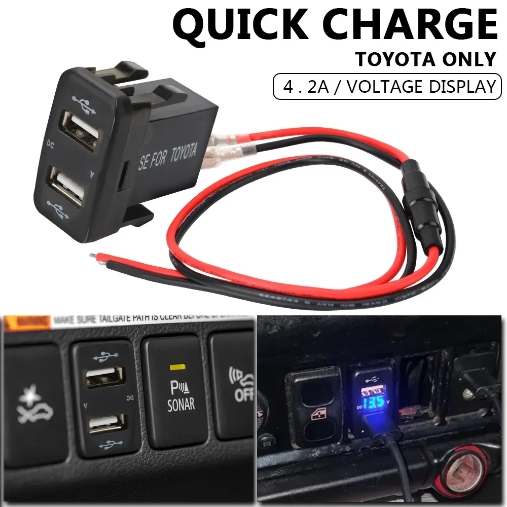 Podwójna ładowarka samochodowa USB QC 12-24V 4.2A Podwójny woltomierz USB Szybkie ładowanie telefonu komórkowego Zasilacz do Toyoty