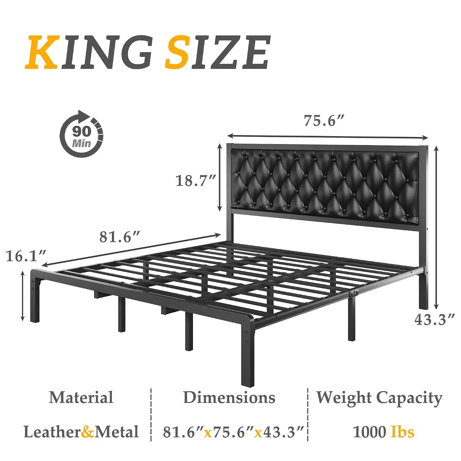 King Bed Frame With Upholstered Button Tufted Headboard, Bed Frame Platform Metal Slats Support, Under Bed Storage,, Customized