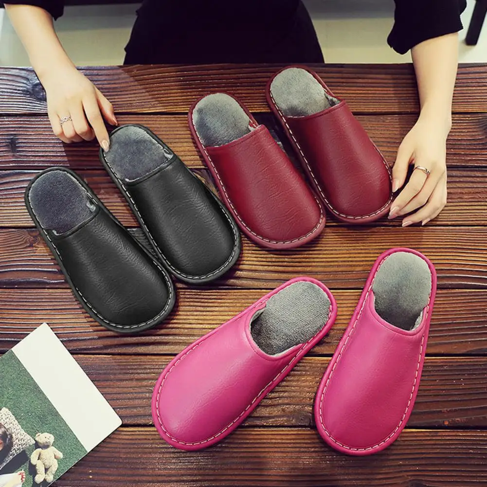 Solid Color Slippers Warm Slippers Cozy Plush Lined Slippers with Waterproof Imitation Leather Cover Anti-slip Winter Shoes