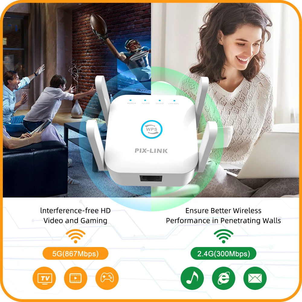 PIXLINK AC24 5G/2.4Ghz 1200M Dual WiFi Extender Repeater Wireless Wi-Fi Amplifier Long Range Wi Fi Signal Booster Wifi Repiter