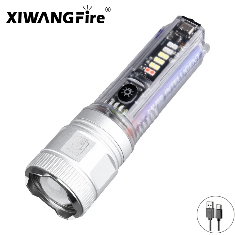 New Solar LED Flashlight Telescopic Zoom Strong Light Type-C Flashlight Multi-light  Source Outdoor Portable Emergency Lighting