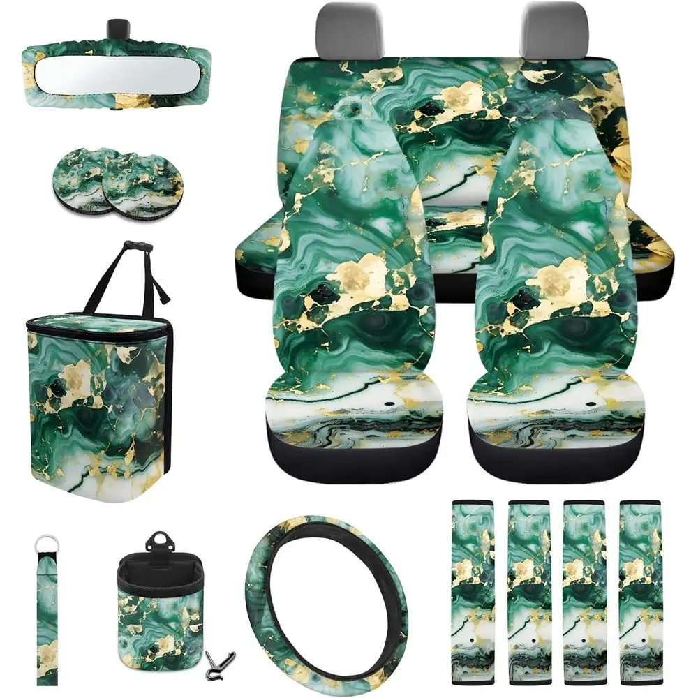 

Marble Print Car Seat Covers 15pcs Auto Front Back Seat Cover Steering Wheel Cover Seat Belt Pads Trash Bin Car Storage Box Rear