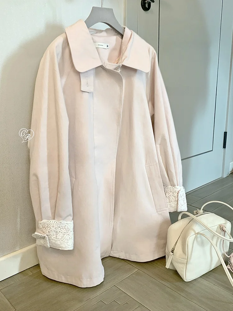 

Розовая ветровка с кружевными вставками, женская, свободного кроя, осенняя, новая модель, повседневная верхняя одежда с длинными рукавами и воротником