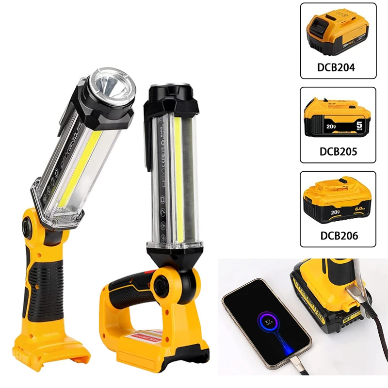 Cordless LED Work Light Flashlight for Dewalt DCB203 DCB205 18V 20V Li-ion Battery Portable Lanterns Spotlight for DEWALT DCB090