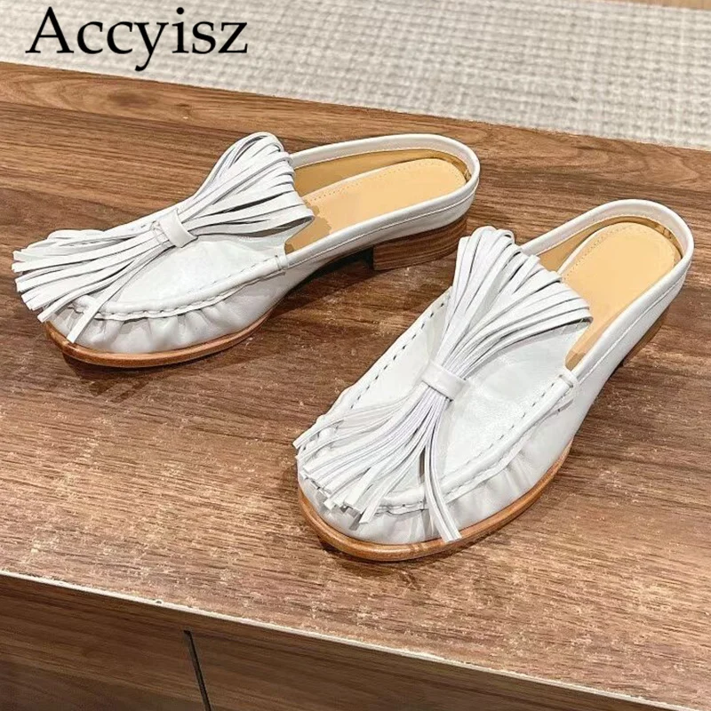 

Summer Retro Tassel Headband Back Empty Half Slippers Women's Genuine Leather Bean Shoes Casual and Comfortable Commuter Shoes