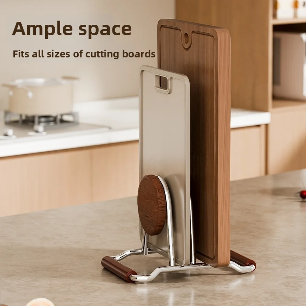 

Cutting Board Stand with Dual Slots in Stainless Steel and Natural Wood for Efficient Kitchen Countertop Storage