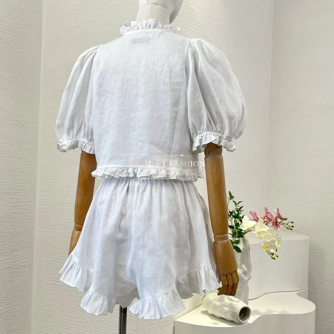 

2025 White Short Sleeve Ruffles Short Blouse Tops Sets