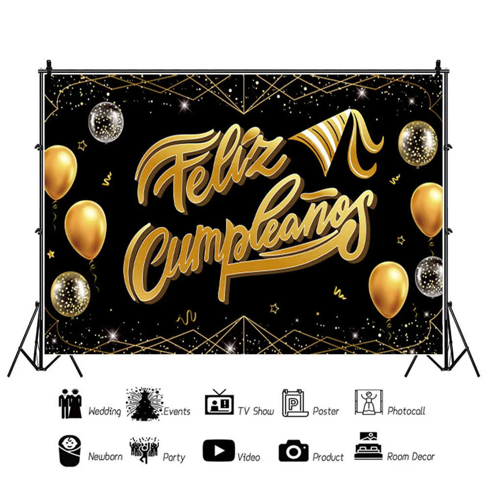 Feliz cumpleaños Spanish Birthday Background Black Gold Balloons Birthday Party Scene Decoration Banner Adult Photo Backdrops