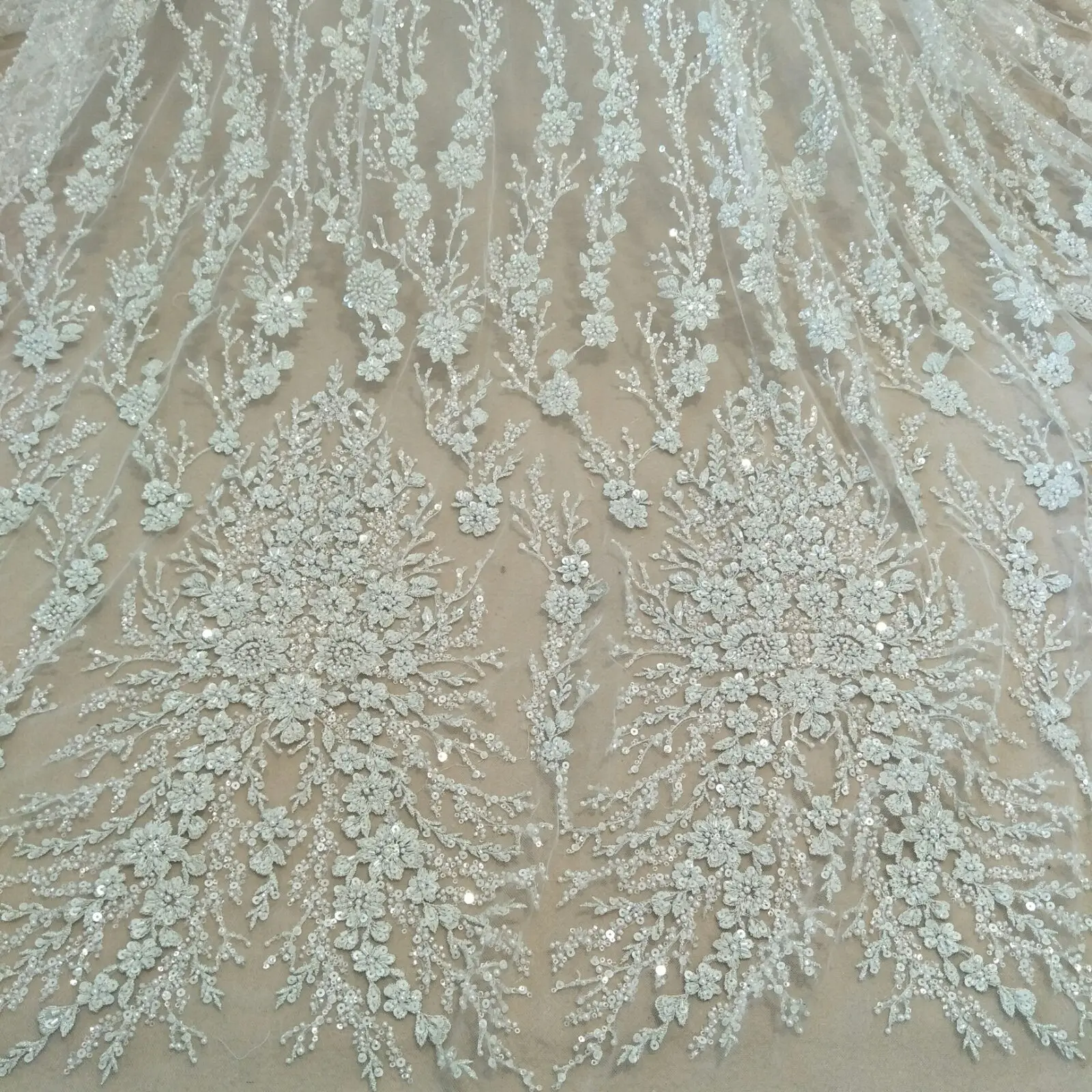 fashion silver beading lace fabric 130cm width dress lace fabric sequins lace fabric sell by yard