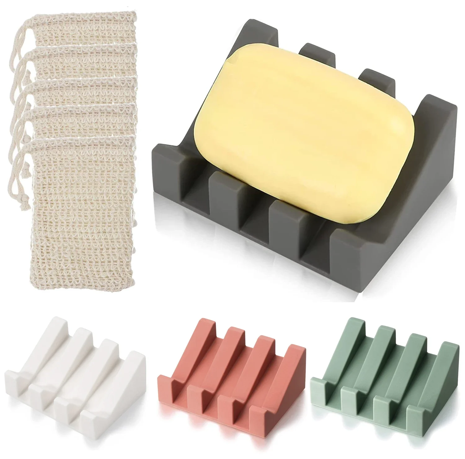 Self Draining Soap Dish Holder Silicone Waterfall Bar Soap Tray for Bathroom Kitchen Countertop Soap Rack with Foaming Bag