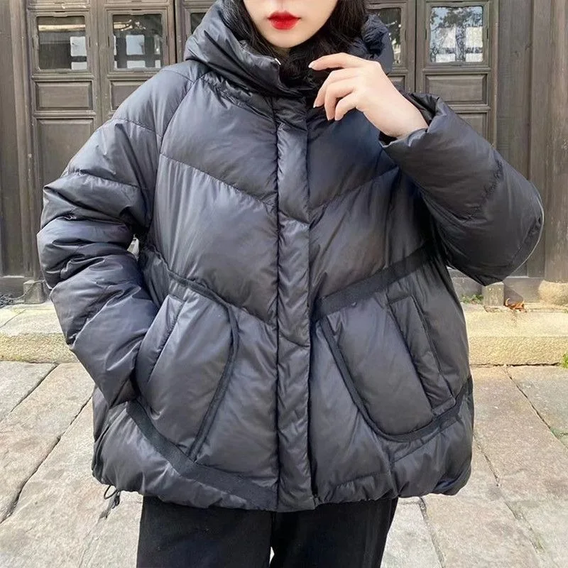 겨울 신상 한국 스타일 후드 패션 캐주얼 브레드 재킷 화이트 덕 다운 재킷, 트렌디한 여성용 숏 다운 재킷