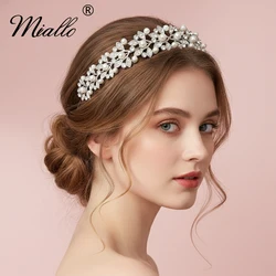 Miallo Rhinestone Pearls Crown Headband Vintage Crystal Bridal Tiaras Wedding Hair Jewelry Leaves Princess Diadem for Women