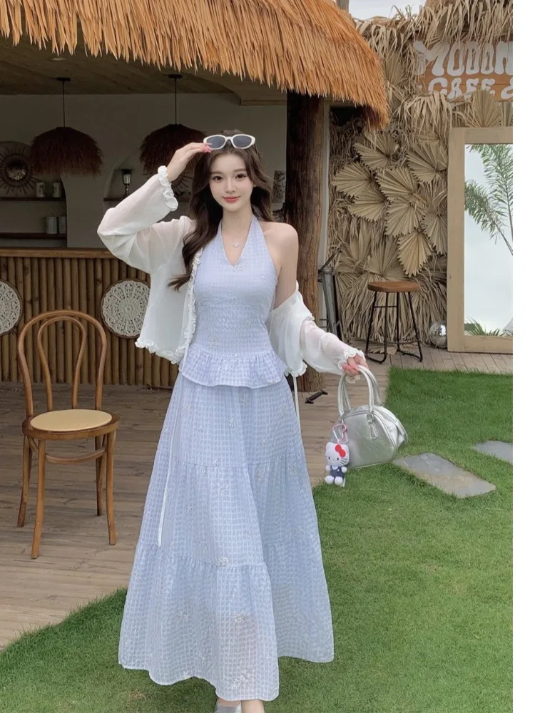 

plus Size Women's Embroidered Neckline Vest Shirt High Waist Midi Skirt Three Piece Set Summer Fashion Korean Style Slim Fit