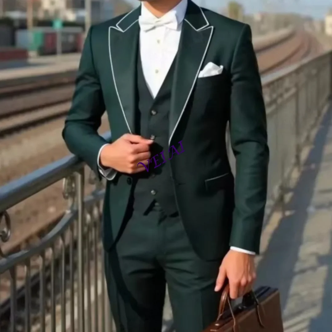 Dark Green 3 Piece Male Tuxedo Set Formal Business Suit - Blazer Vest Pants for Groom Groomsmen Wedding Party Prom