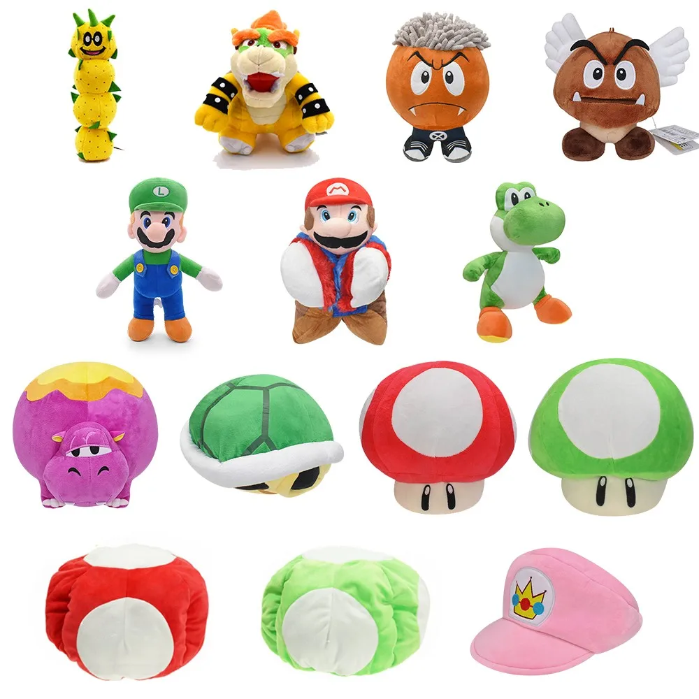 Super Mario Bros. Mario Luigi Goomba Yoshi Plush Toys Pillow Pokeys Bowser Mushroom Princess Peach Hats Soft Stuffed Dolls Gift