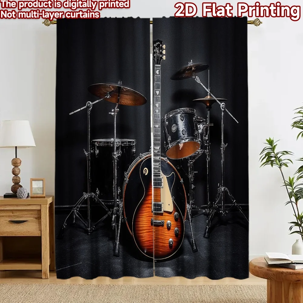 2D flat 2pcs Curtain Home Short Curtains Guitar and Drums Durable polyester fiber Party & Holiday Decor Use for Yard & Garden