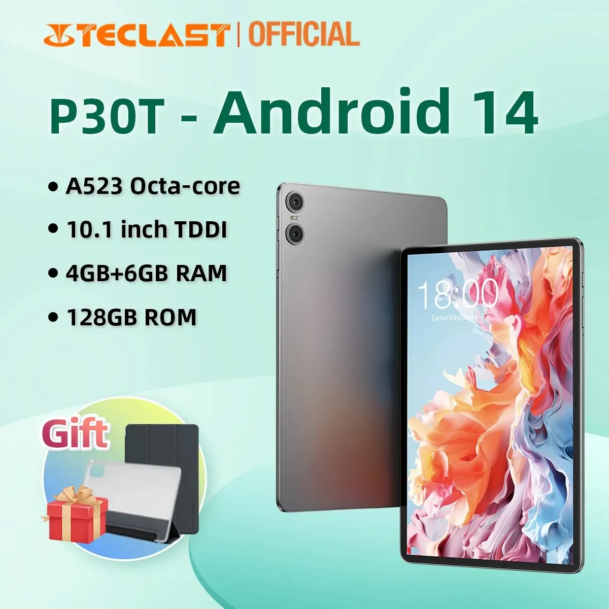 Teclast P30T Android 14 Tablet 10.1'' Incell Fully Laminated A523 8-core 4GB+6GB RAM 128GB ROM Wi-Fi 6 Type-C 6000mAh 3.5mm Jack
