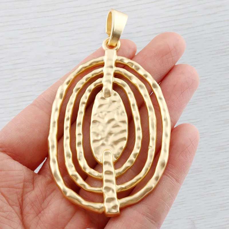 

Matte Gold Boho Large Hollow Hammered Oval Charm Pendant For DIY Necklace Jewelry Making Findings