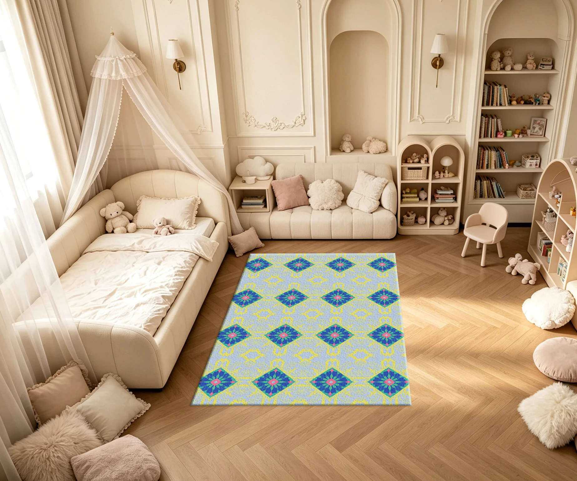 Boho Bright Diamond Floral Tile Carpet Flooring Colorful Ethnic Geometric Seamless Printed Square Area Rug for Home Interior Decoration
