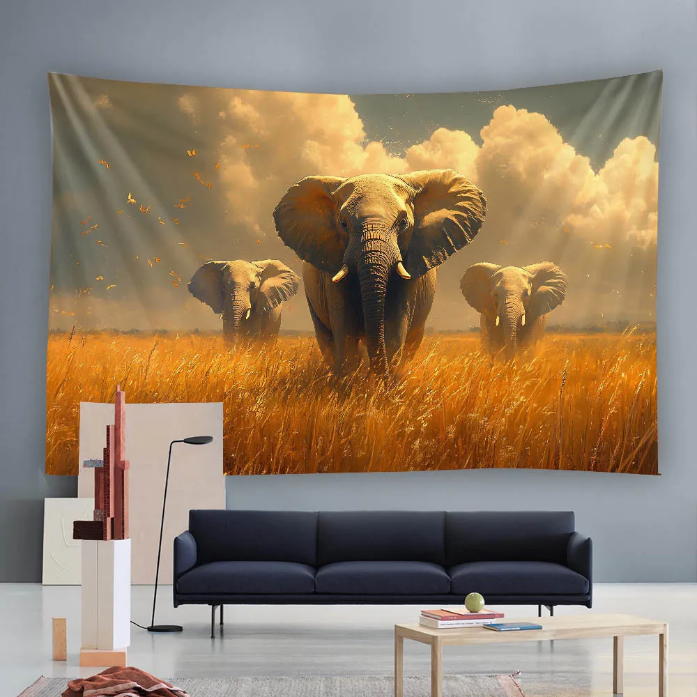 

Golden Grassland Elephant Sunrise Tapestry, Retro Landscape Wall Hanging Cloth, Multi Size Bedroom and Living Room Decoration