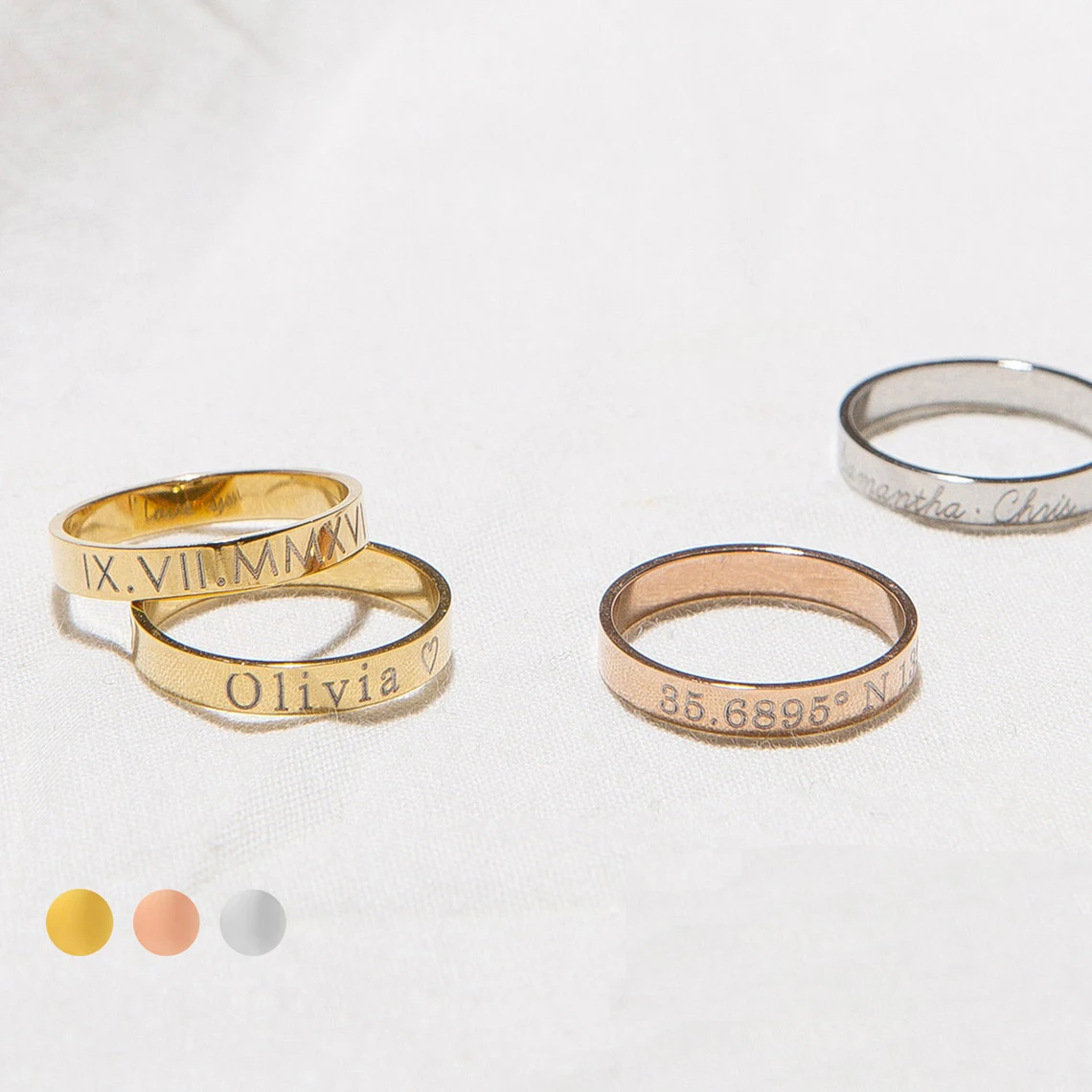 4mm Personalized Stacking Ring Custom Engraved Name Coordinate Initial Ring Stackable Gold Ring Mothers Jewelry Gift For Her