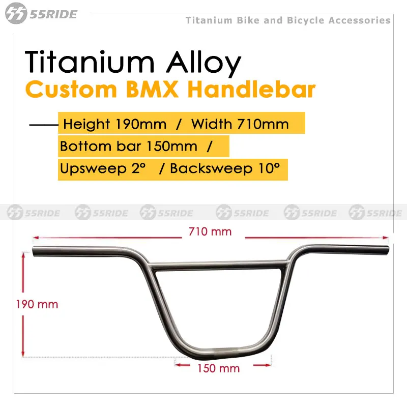 Кастомные титановые (Gr9) рули BMX из титана Ti T3Al2.5V, ширина 710 мм, высота 190 мм, 2-я модель. °   Апсвеп 10 °   Бэксвип