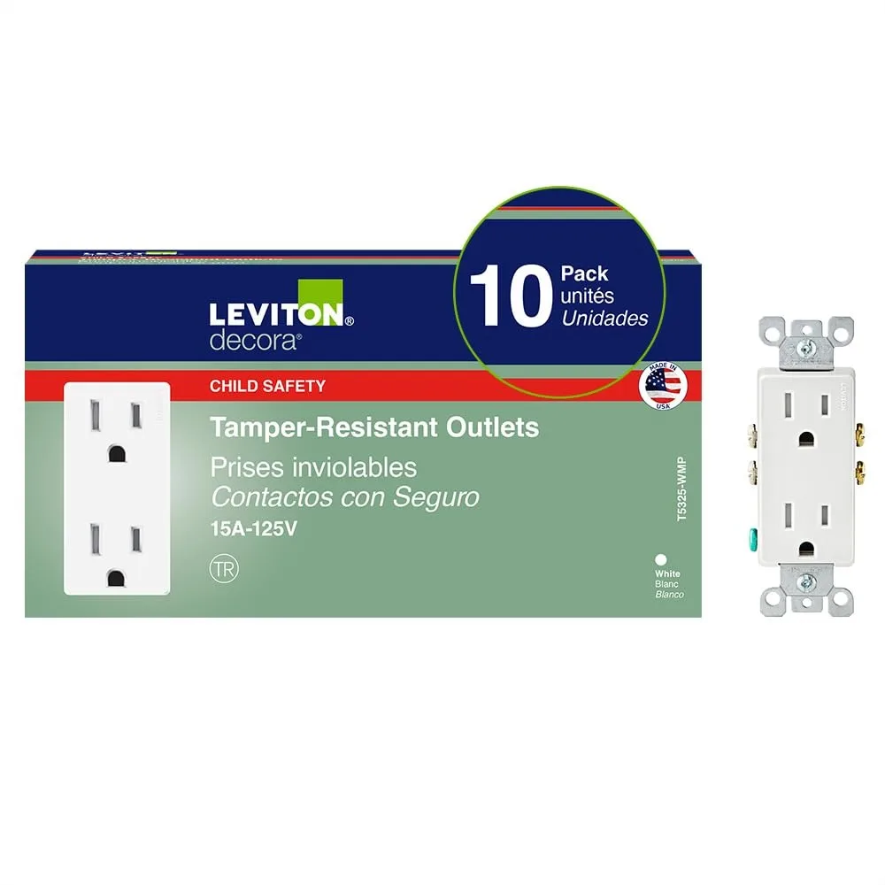 

Tamper-Resistant Duplex Electrical Wall Outlet, 15 Amp Decora, 10 Pack, Child Safety Shutter