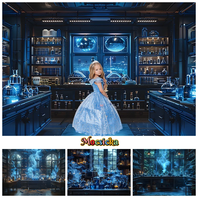 

Blue Laboratory Photography Backdrop Halloween Haunted House Potions Baby Shower Photo Background For Children Decoration Studio