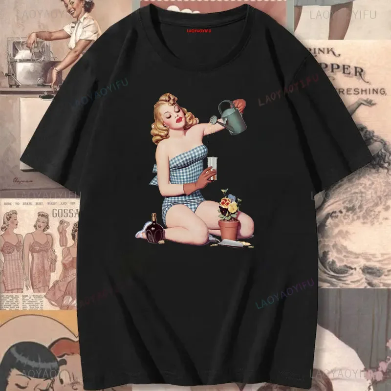 Vintage Pin-up Girls Outdoor Picnic Woman Printed T-shirt Fashion Casual Simple High Quality Cotton Tshirt Man Streetwear Tops