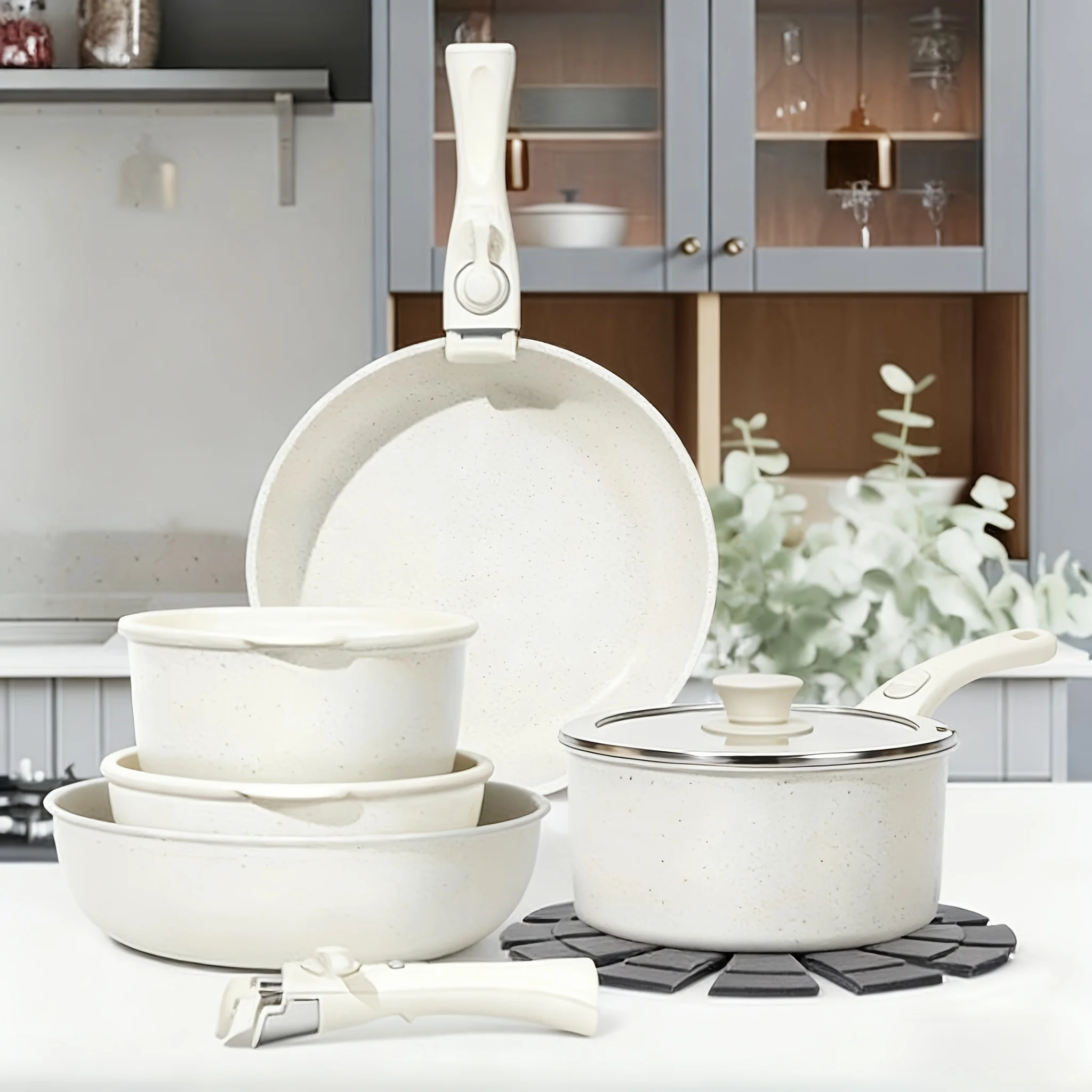 

White 15pcs Non-Stick Pot And Pan Set, Kitchen Cookware with Removable Handle, PFAS And PFOA Free, Kitchenware, Mother'S Day Gif
