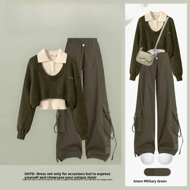 

Spor Knitted Tee-Piece Set for Women Casual Layering Sle Vintage Sweater Cover-Up with Leisure Workwear Pants Autumn Co...