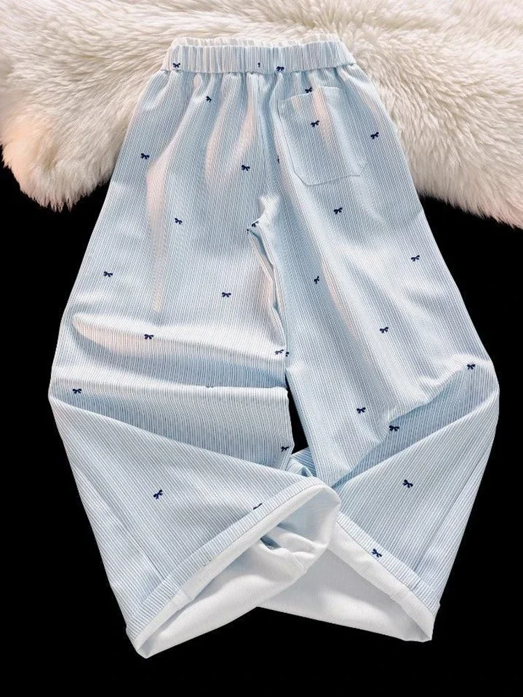 스윗 보우 스트라이프 팬츠 여성 하이웨이스트 한국 캐주얼 와이드 레그 트라우저 우아한 패션 루즈 귀여운 여성 봄 바지 신상