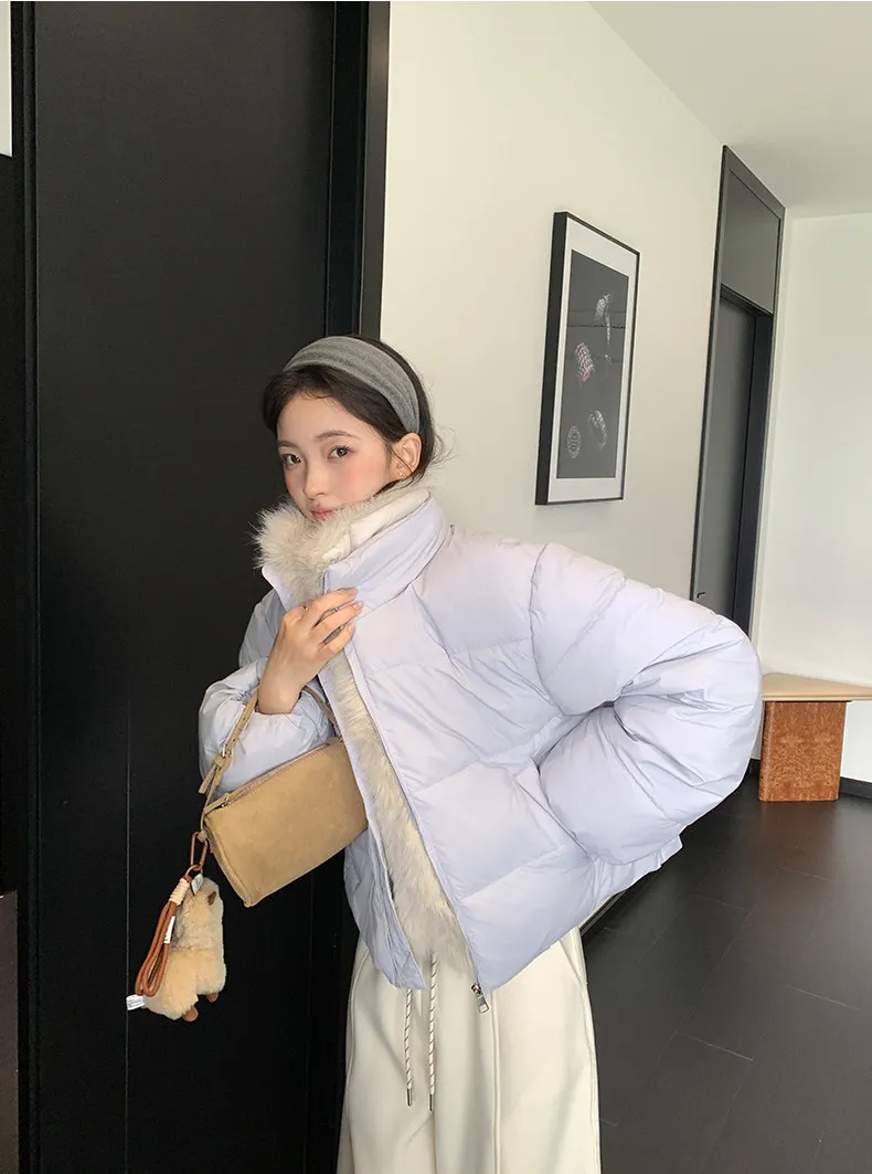 Korean Women's Short Puffer Jacket with Large Fur Collar Women Loose Thick Padded Cotton Coats Female Solid Casual Zipper Parkas