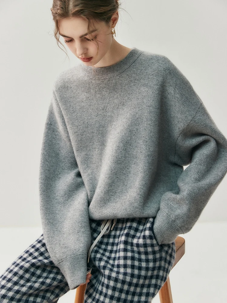 

TLOML Women's 100% Cashmere Knitwear O-neck Casual Loose Pullover Sweater Thick Warm Luxury Design Jumper Autumn Winter Clothes