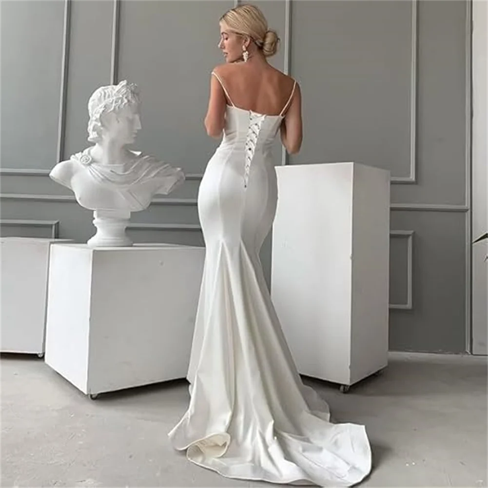 Customized White Satin Mermaid Wedding Dress For Bride Lace Appliques Spaghetti Straps Long Bridal Gowns Formal Dress With Train