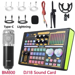 DJ18 Sound Card Studio Mixer with BM800 Microphone Noise Reduction for Live Streaming Voice Recording on Phone And Computer