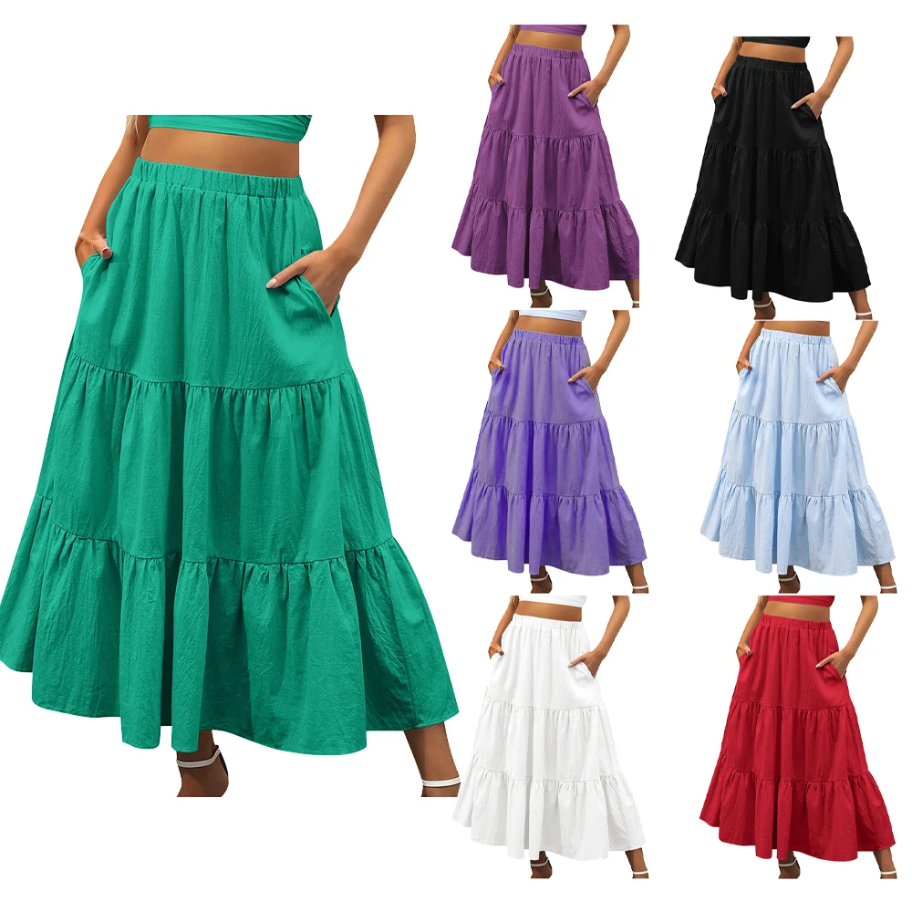 Medieval Retro A-line Long Skirt for Women Beach Summer Bohemian Pockets Dress Casual Outfits Halloween Carnival Party Clothes