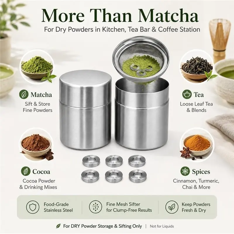 B23B 2-Pack Matcha Powder Sifter And Storage Tin Set, Kitchen